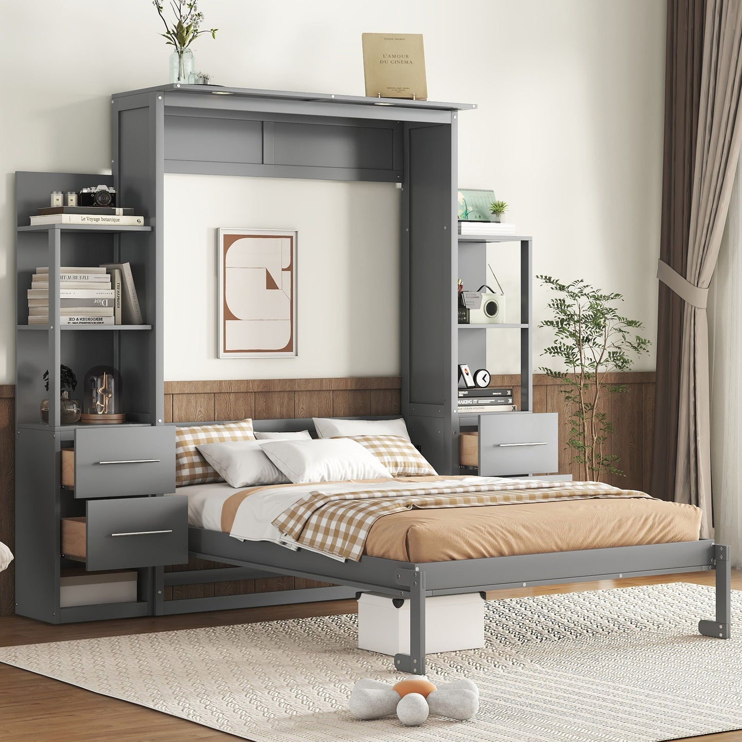 Full Size Murphy Wall Bed With Shelves, Drawers And LED Lights - Gray