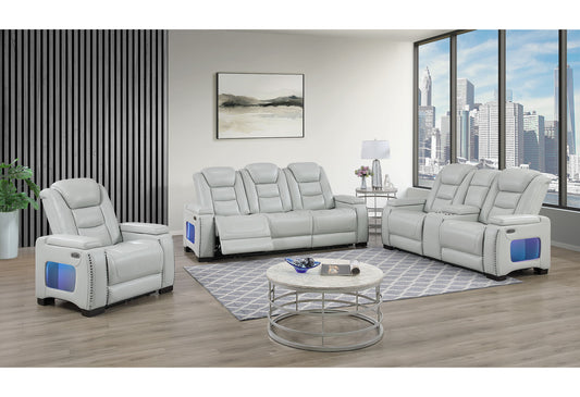 U8609 - Power Reclining Sofa, Power Console Reclining Loveseat, Recliner With Power Headrest, USB, LED And Bookshelf - Gray