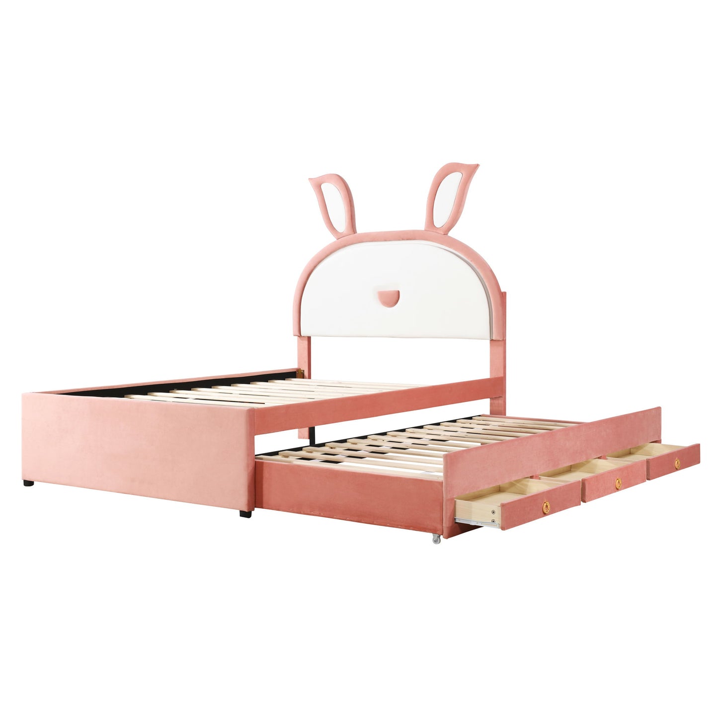 Upholstered Platform Bed With Trundle And 3 Drawers, Rabbit-Shaped Headboard With Embedded LED Lights