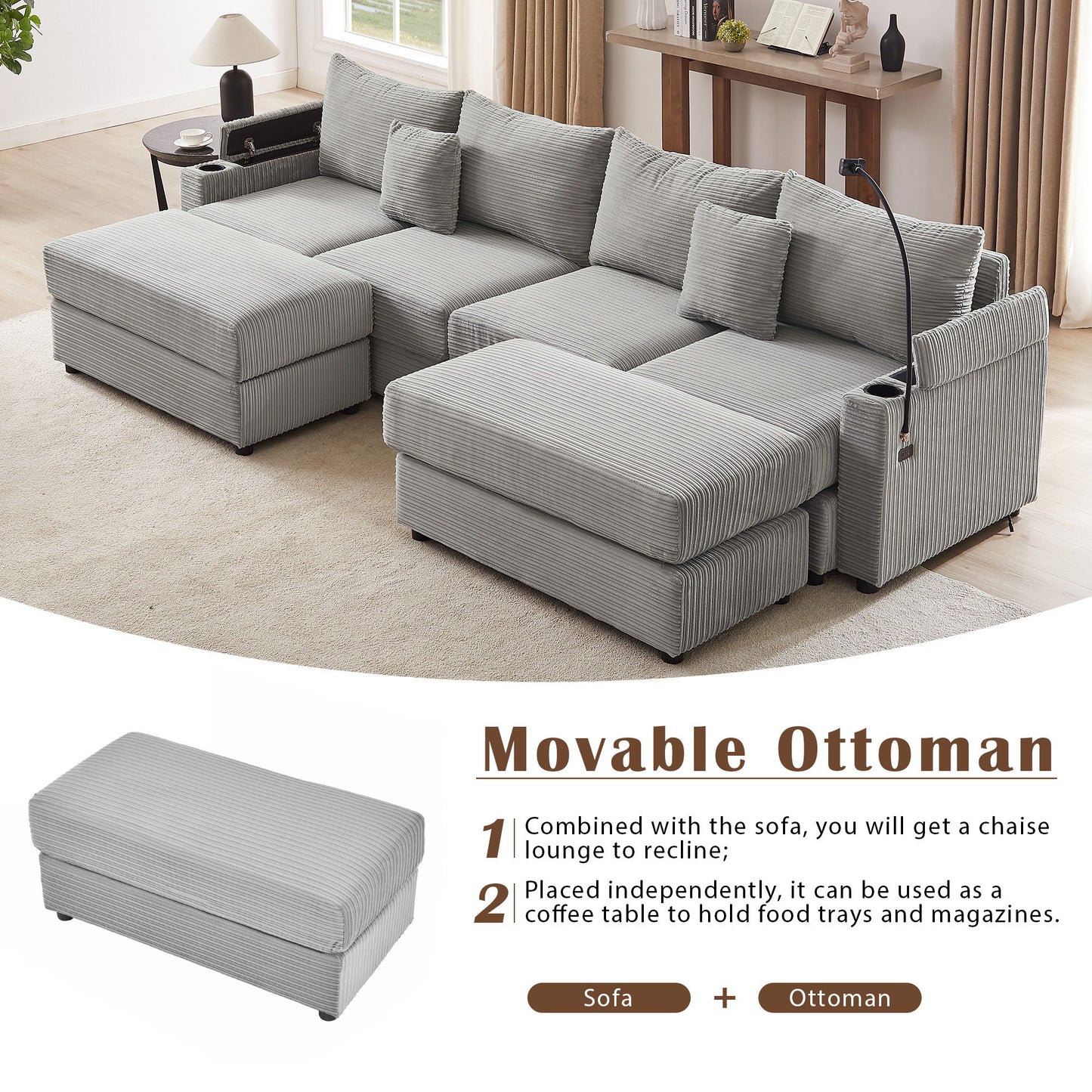 Modern Style Loveseat Sofa Sectional Sofa Couch With Storage Space, A Movable Ottoman, Two USB Ports, Two Cup Holders, A Phone Holder For Living Room