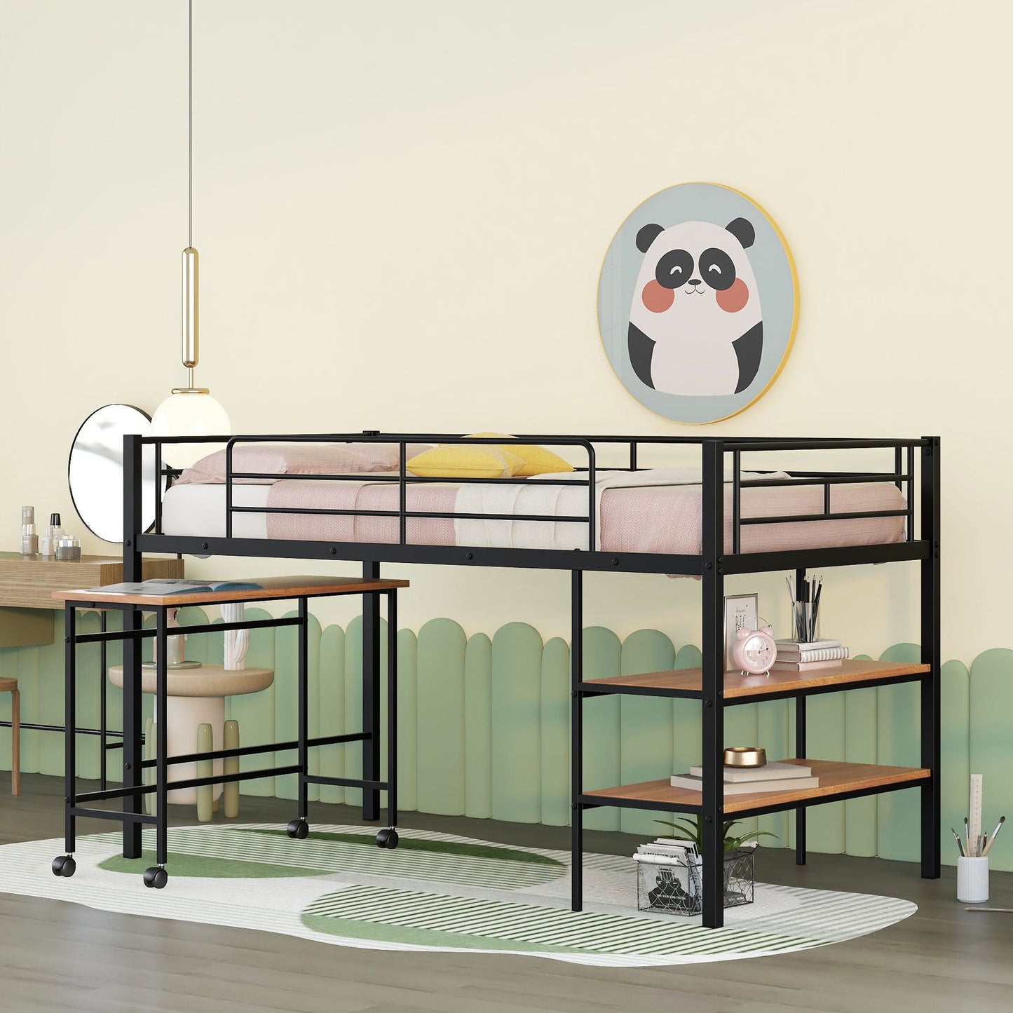 Twin Size Loft Bed With Desk And Shelves - Black