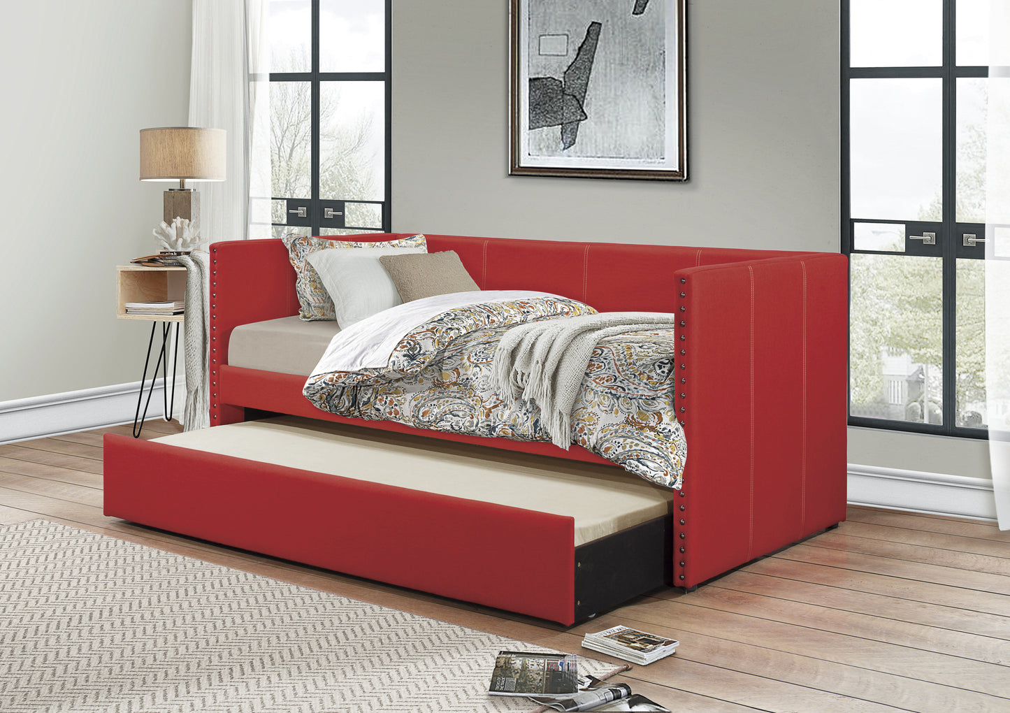 Red Fabric Upholstered 1pc Day Bed with Pull-out Trundle Nailhead Trim Wood Frame Furniture