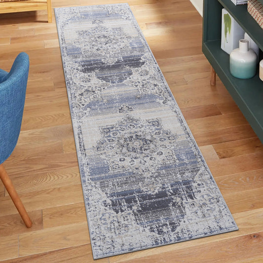 2' x 8' Medallion Non-Shedding Stylish And Stain Resistant Area Rug - Cream / Blue