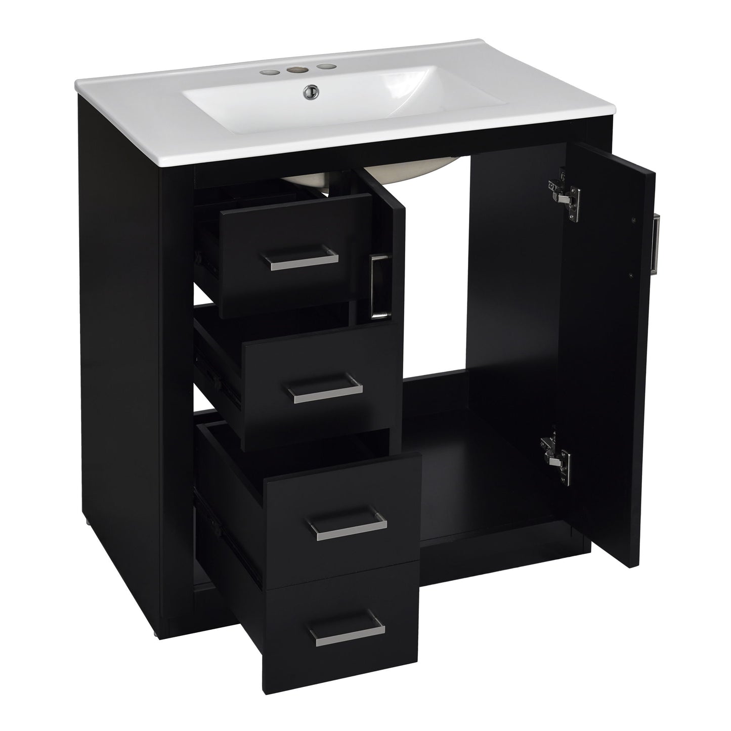Ceramic Sink Combo, Freestanding Vanity Set With 3 Drawers & Soft Closing Doors