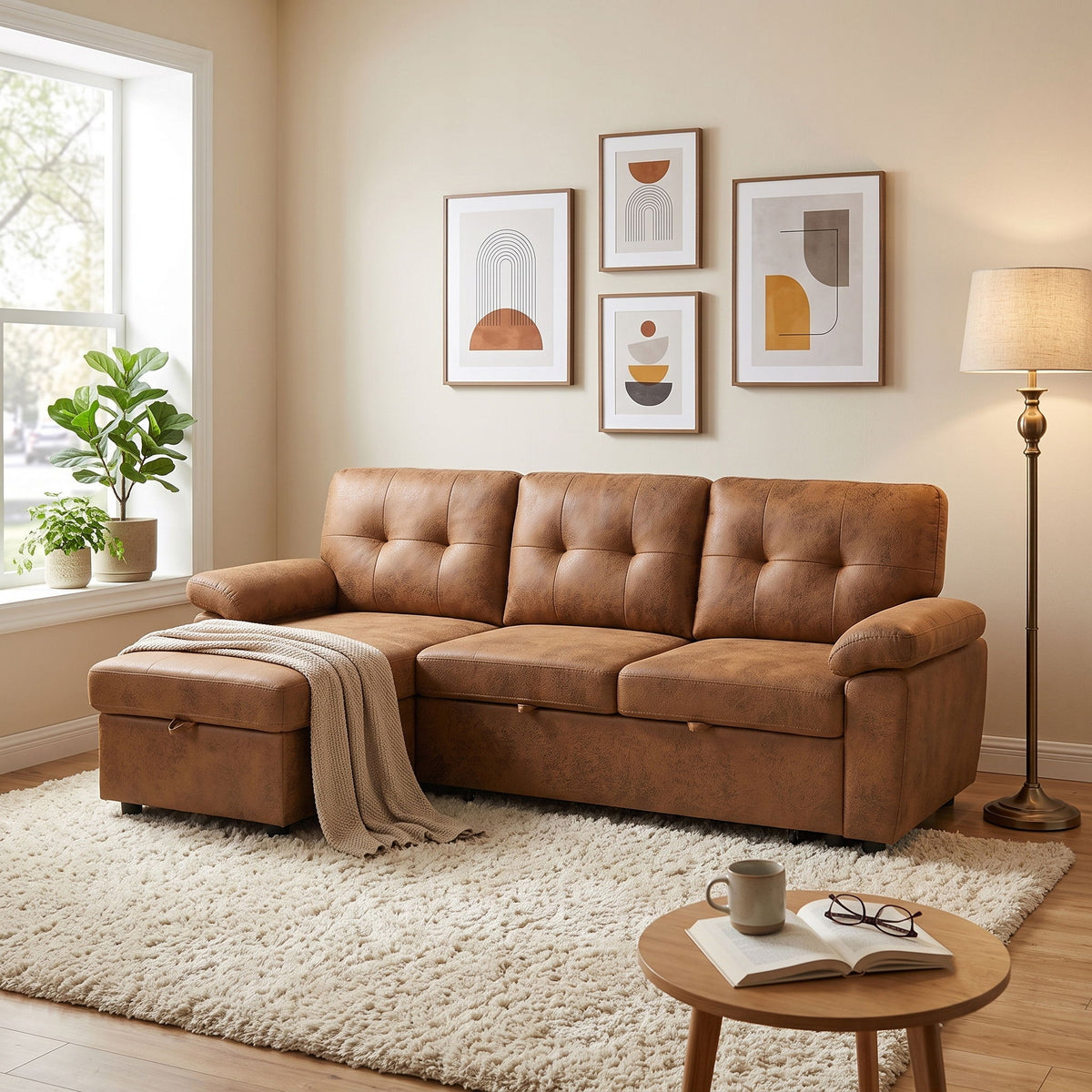 Convertible L - Sectional Sofa Bed With Storage Chaise And Padded Armrests