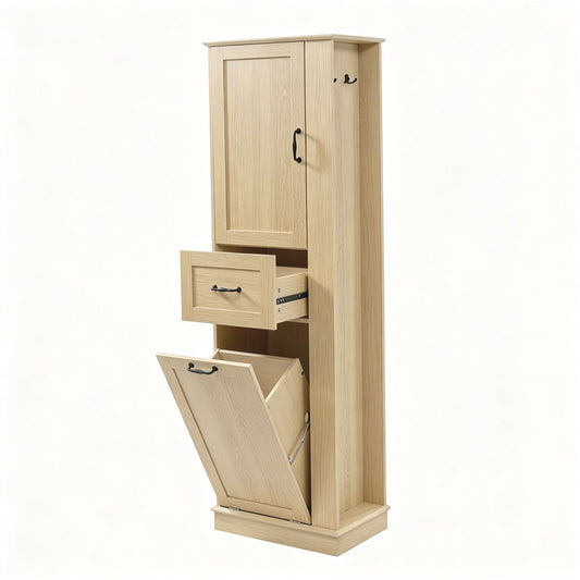 Tall Storage Cabinet With Tilt Out Compartment, Adjustable Shelves, Soft Close Hinges - Natural