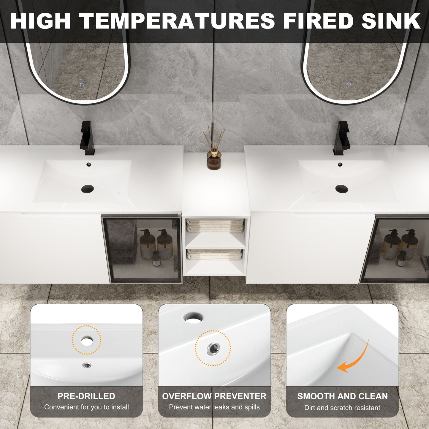 Wall Mounted Bathroom Vanity With Sink, Soft Close Doors, Cabinet & Half Door