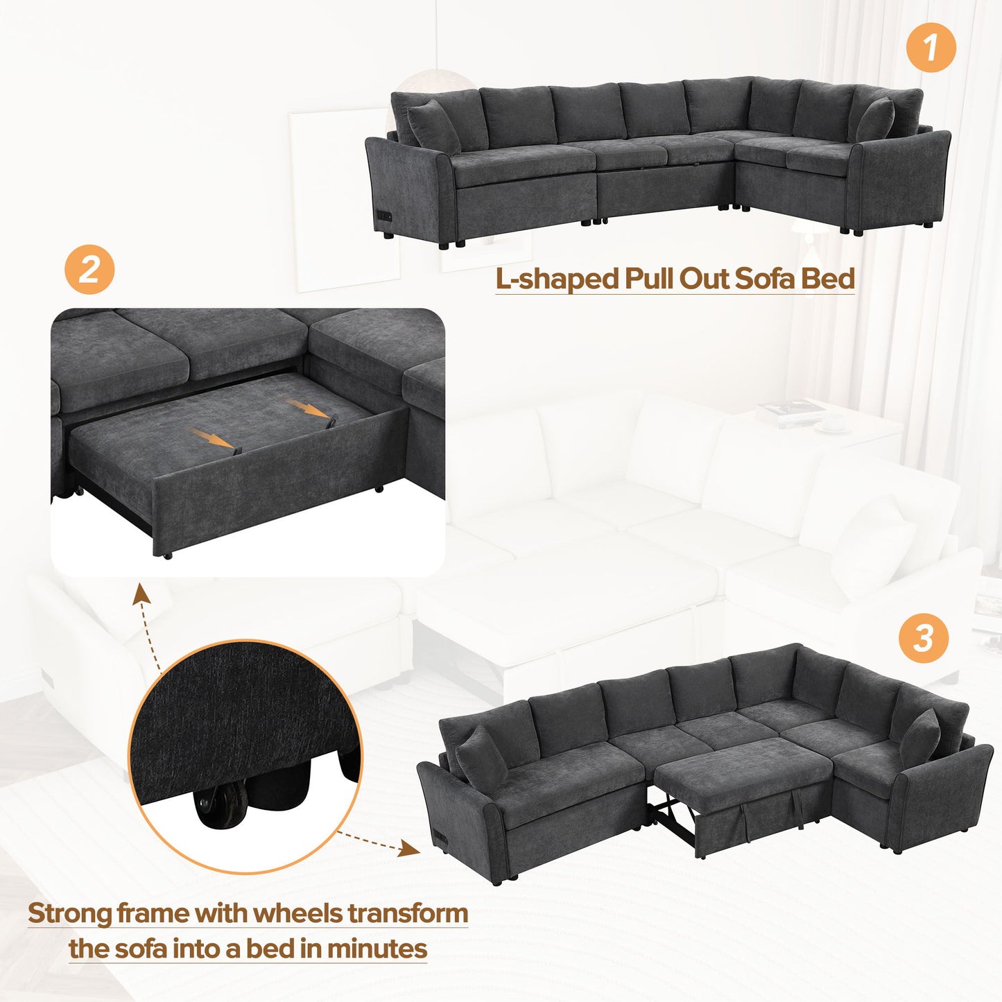 L-Shaped Sofa Convertible Sofa Bed Pull Out Sofa Sleeper With Two Back Pillows, Two USB Ports And Two Power Sockets For Living Room