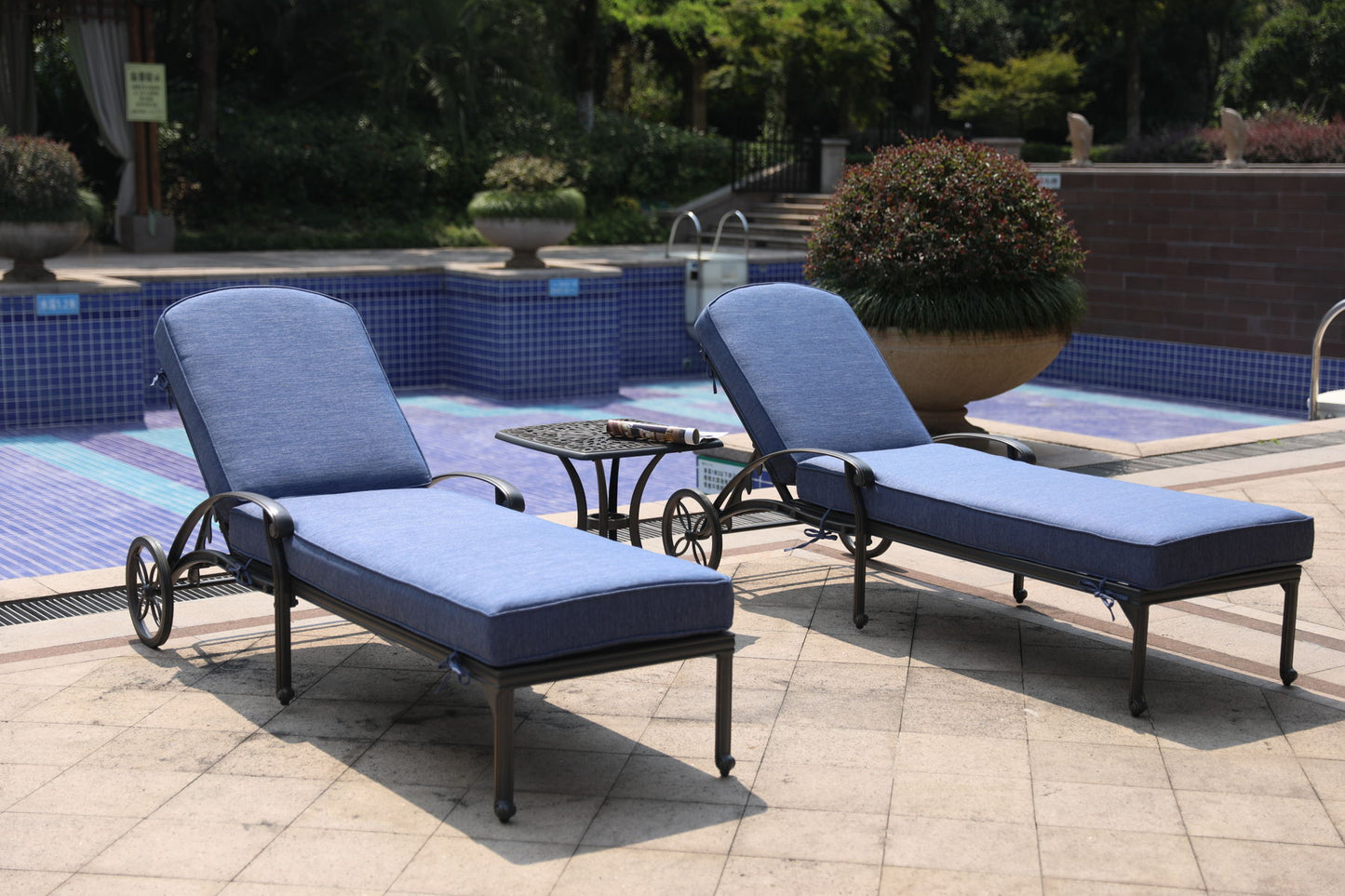 Reclining Chaise Lounge Set With Cushion And Table - Metal