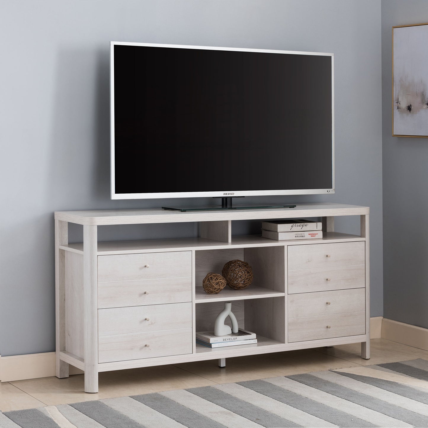 TV Stand, Livingroom TV Console Table With 4 Drawers, 2 Shelves - White Oak