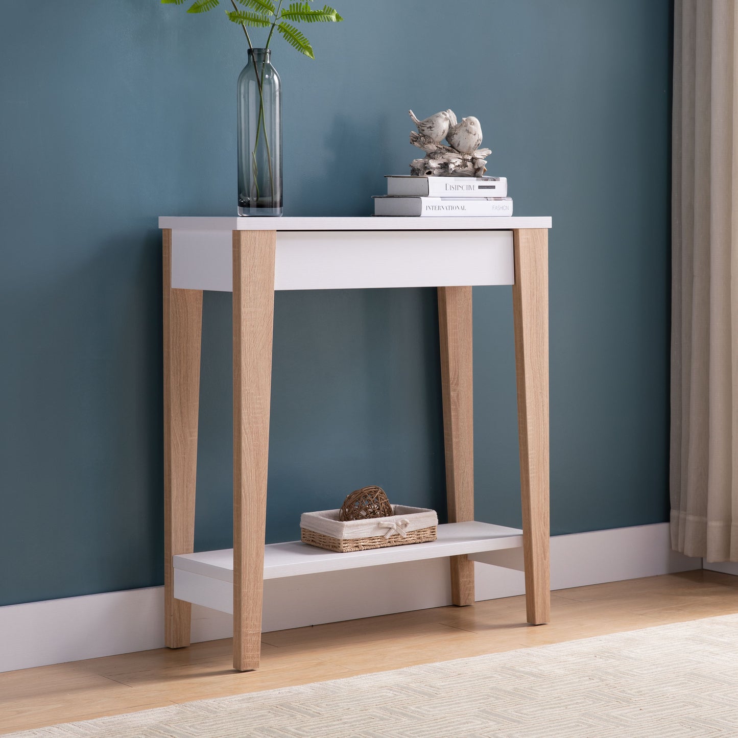 Modern Two Toned Console With Two Shelves - White / Tan