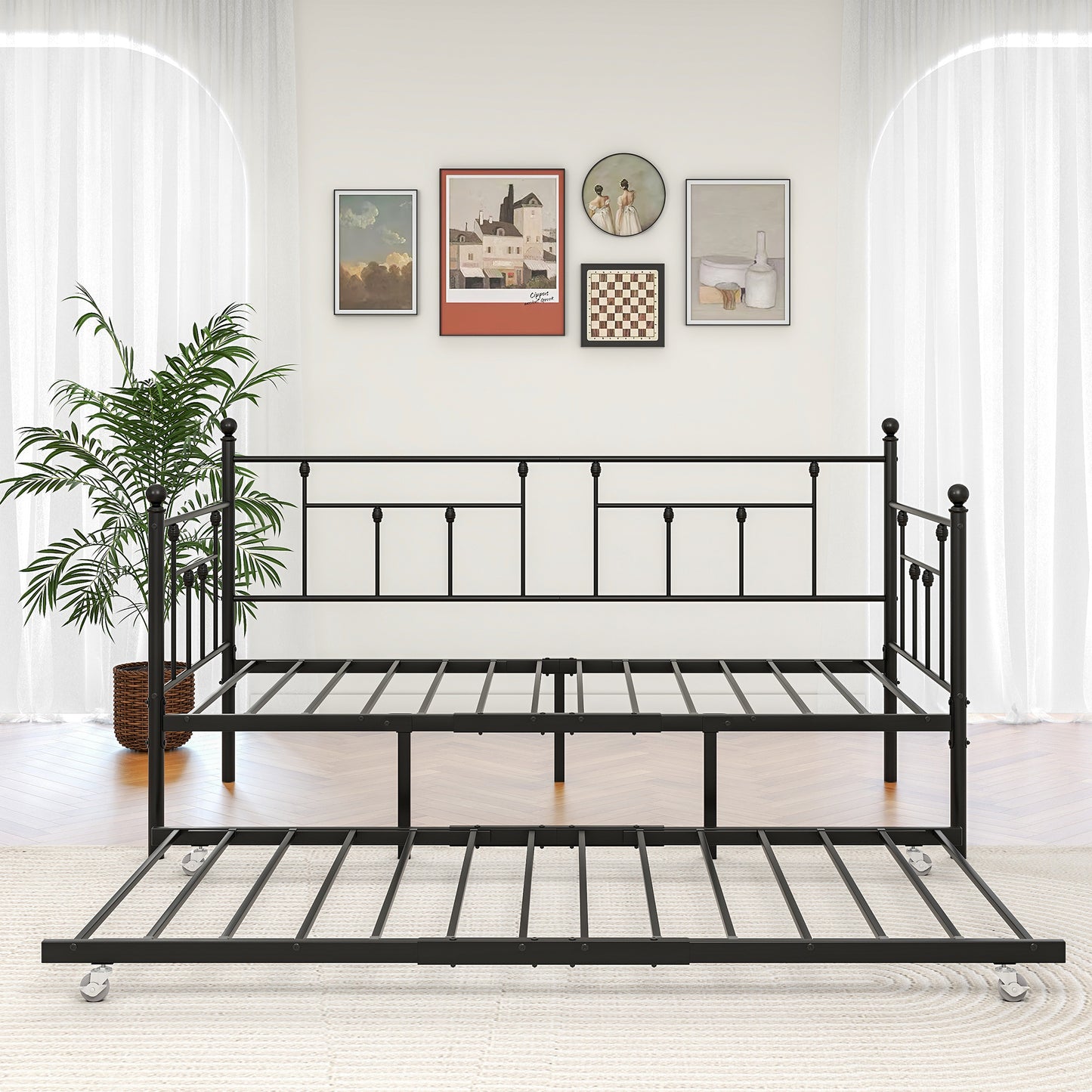 Twin Size Daybed Metal Frame with Trundle Set, Twin Day Bed Sofa, Daybed and Roll Sofa Bed for Guest Room, Bedroom, Living Room, Victorian Style, Black