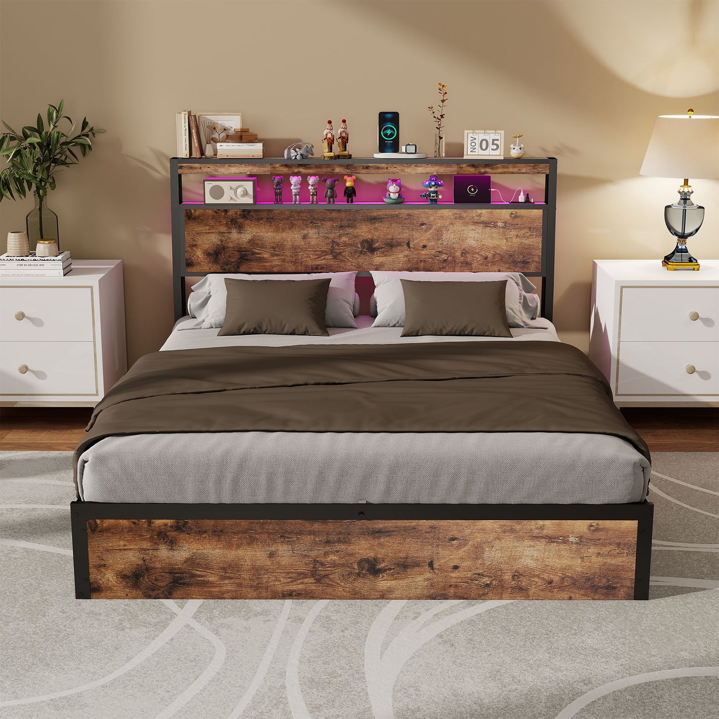 Frame With Hydraulic Lift Storage, RGB LED Lights & Multi-Port Charging, No Box Spring Needed