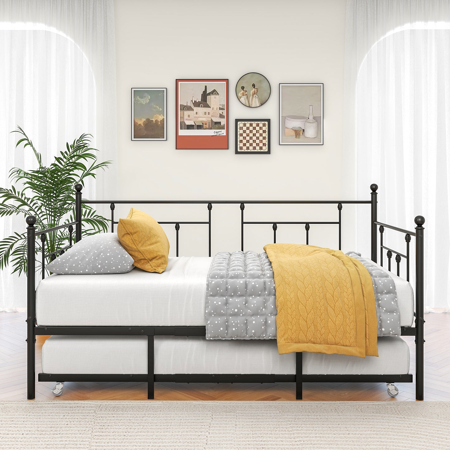 Twin Size Daybed Metal Frame with Trundle Set, Twin Day Bed Sofa, Daybed and Roll Sofa Bed for Guest Room, Bedroom, Living Room, Victorian Style, Black