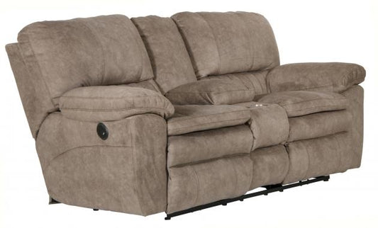 Catnapper Reyes Power Lay Flat Reclining Console Loveseat w/Storage & Cupholders in Portabella