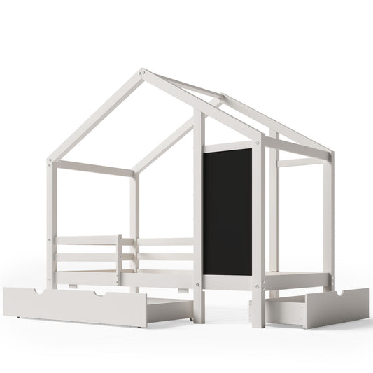 Twin House Bed With Blackboard And Drawers, 2 Assembly Options - White