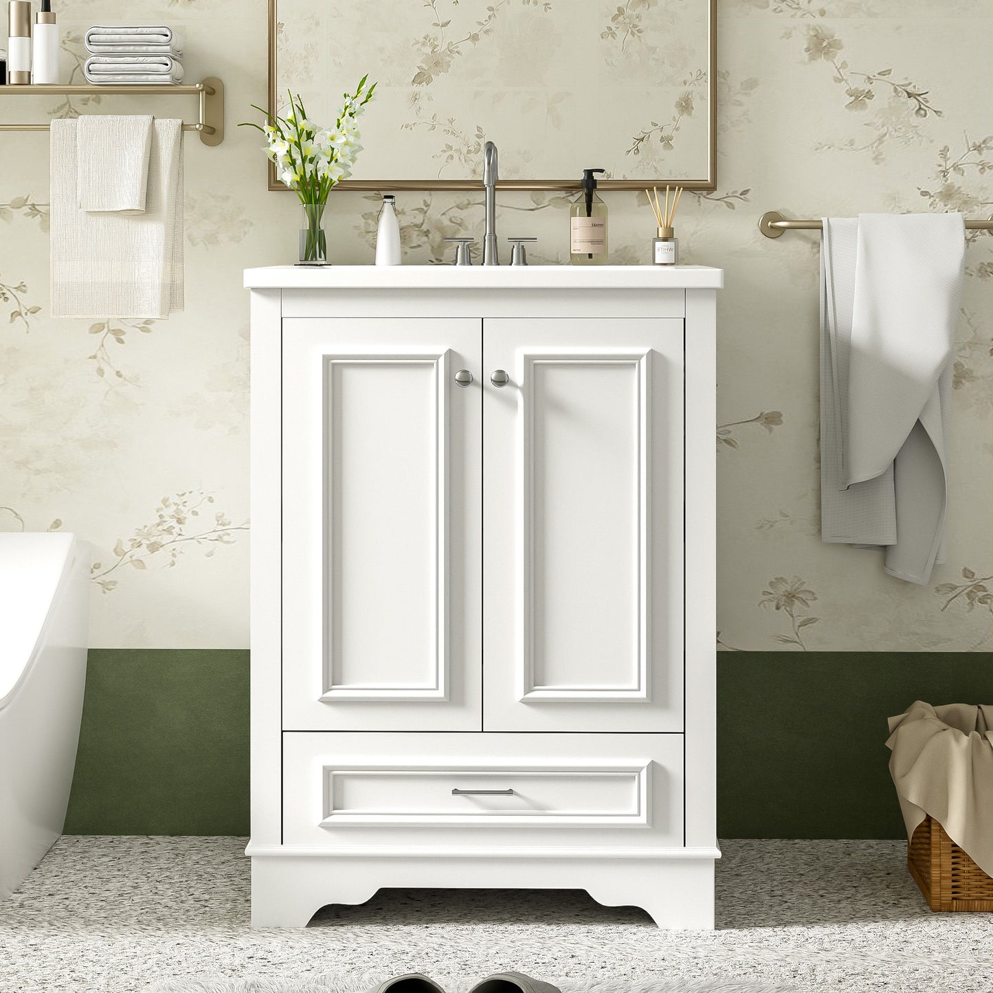 Bathroom Vanity With Ceramic Sink Combo, Modern Freestanding Storage Cabinet With Silver Handles