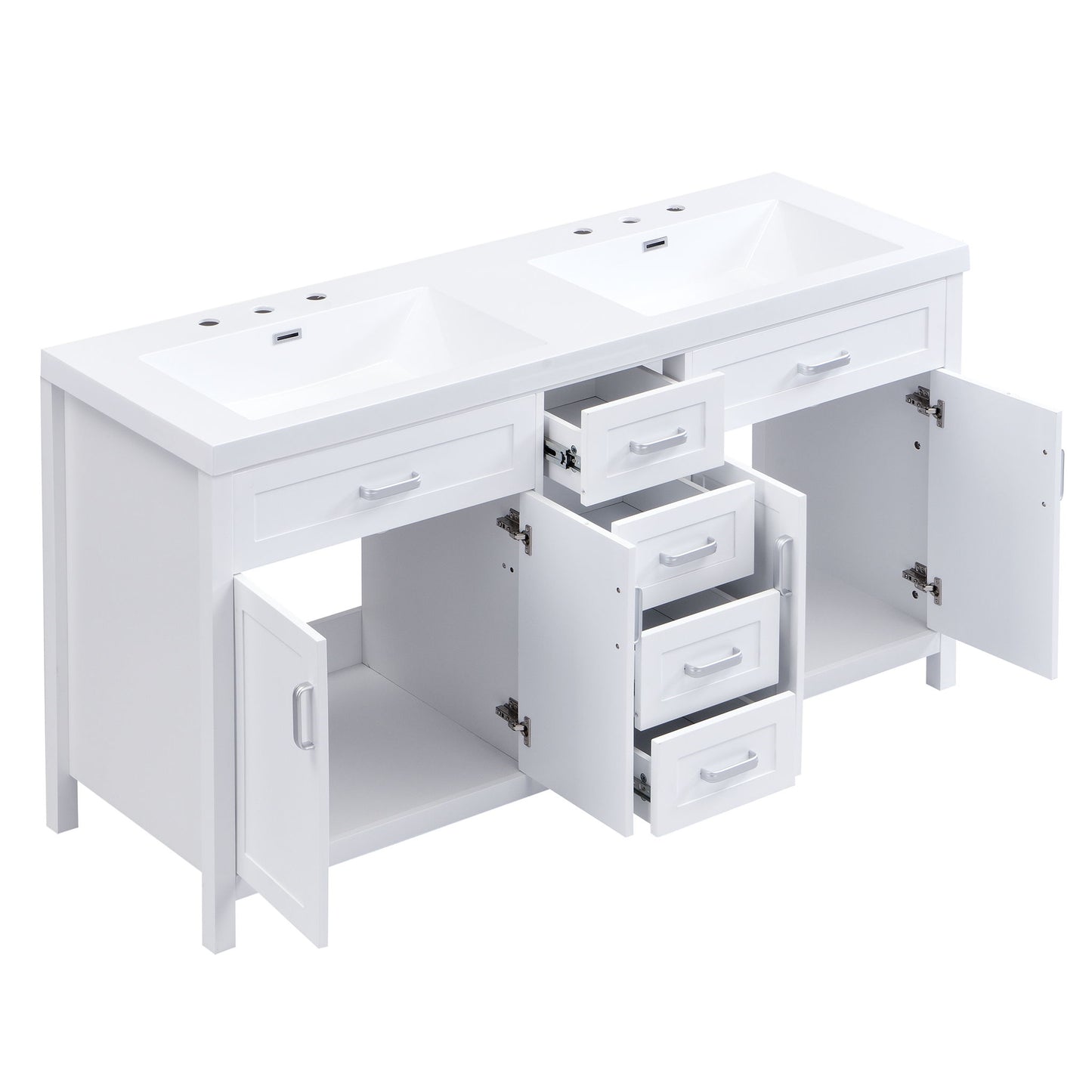 59.1" Minimalist Double Sink Bathroom Vanity With Top, Soft Close Doors & Drawers - White
