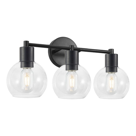 3 Light Globe Bathroom Vanity Light With Clear Glass Shades - Black