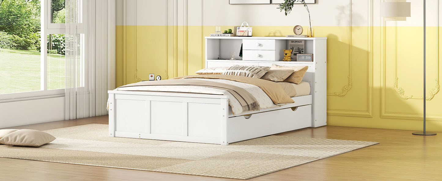 Full Size Wood Pltaform Bed with win Size Trundle, 3 Drawers, Upper Shelves and a set of USB Ports & Sockets, White