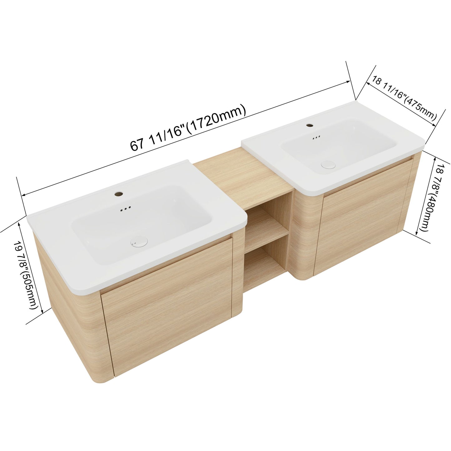 Wall Mounted Bathroom Vanity With Sink And Storage Shelves, Soft Close Doors