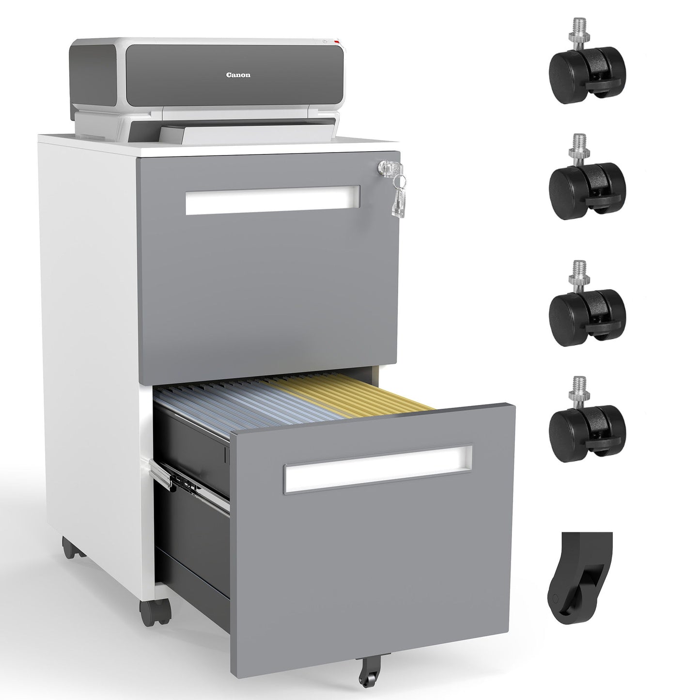 2-Drawer Mobile File Cabinet With Lock,On 360° Wheels, Holds A4/Letter/Legal Files - White