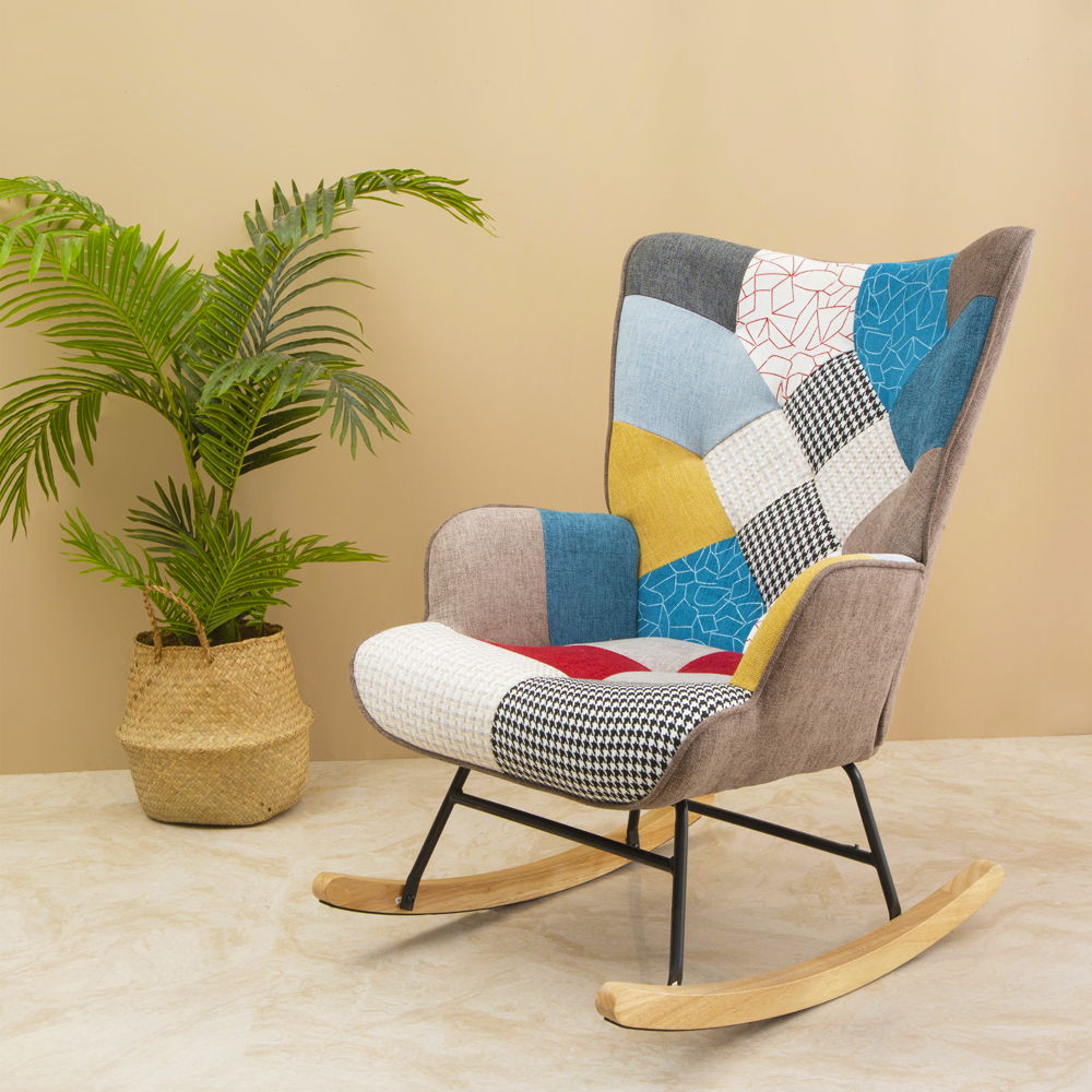 Accent Rocking Chair, Mid-Century Fabric Rocker Chair With Wood Legs And Patchwork Linen For Livingroom Bedroom