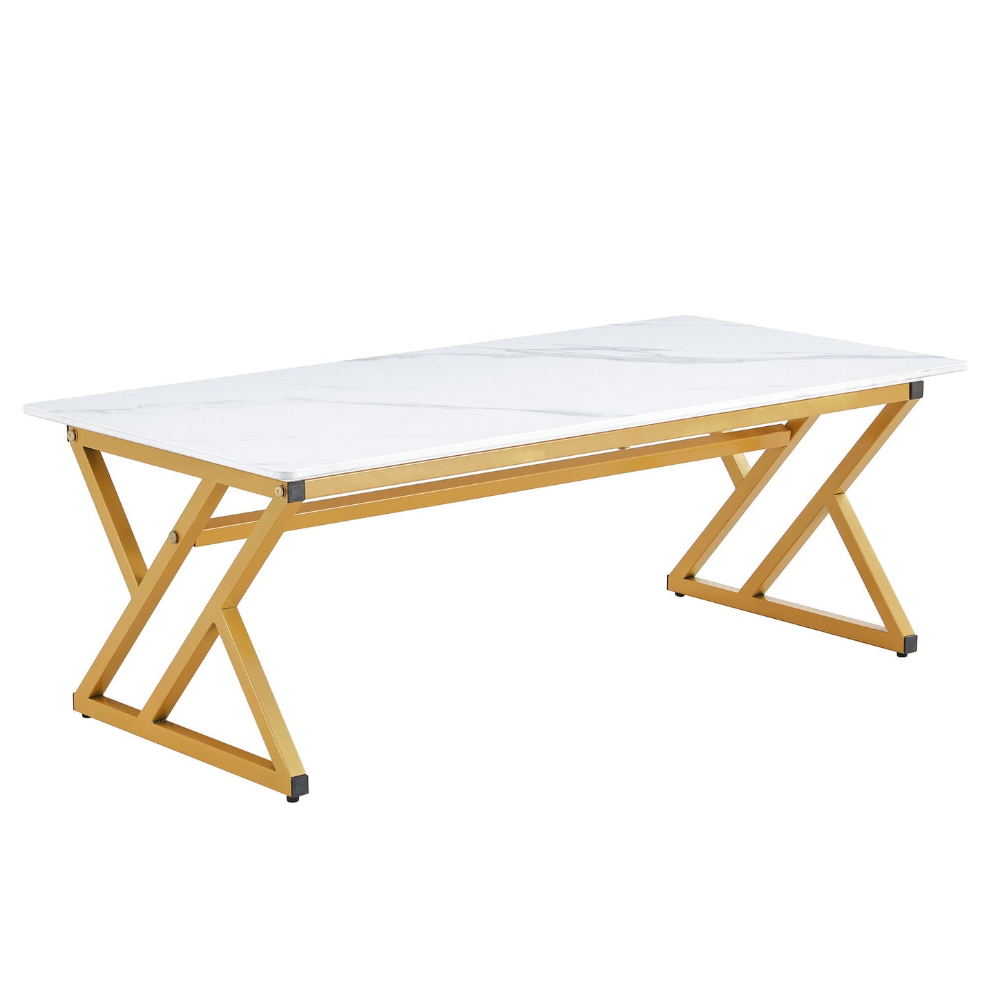 Modern Marble Pattern Coffee Table With Metal Legs, Sintered Stone Surface - White / Gold