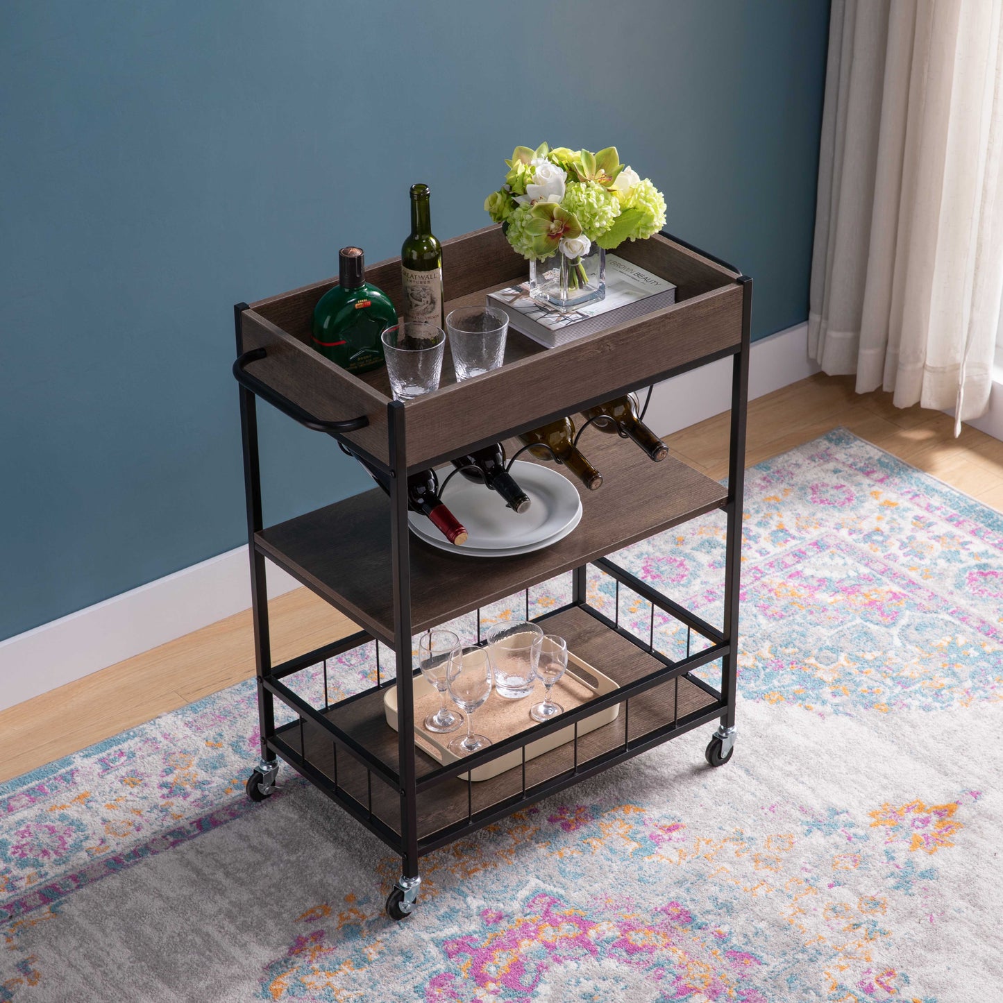 Rolling Kitchen Cart With Storage And Four Wine Bottle Rack