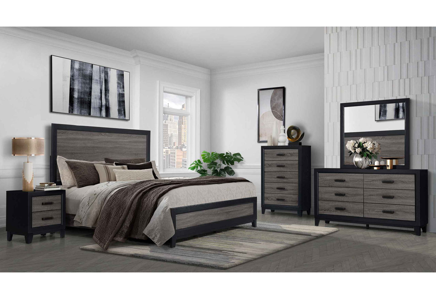 Lisbon - 4 Piece Queen Bedroom Set (Bed, Dresser, Mirror, Nightstand) - Black / Gray
