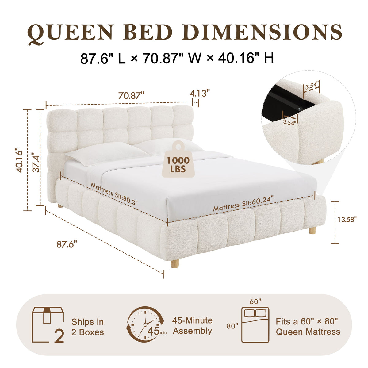 Pula - Queen Platform Bed With Upholstered Headboard, Slat Support, No Box Spring Needed - Ivory