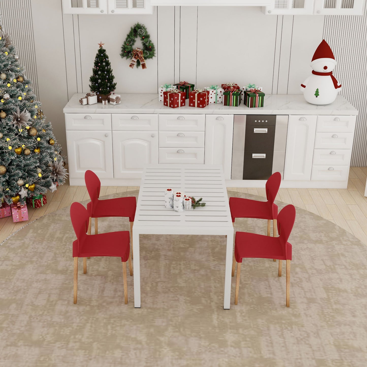 4 Piece Set Of Single Chairs With Table - Crimson Red / White