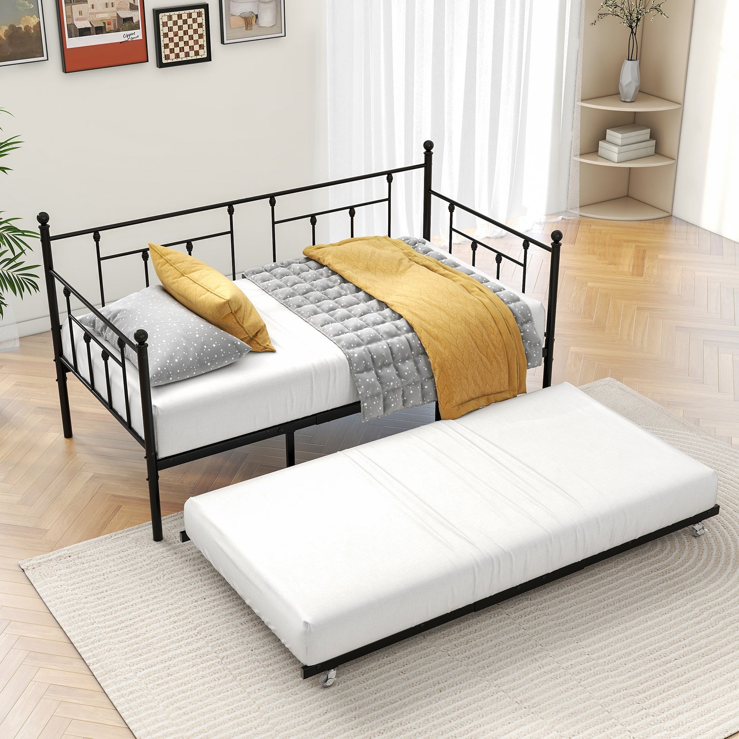 Twin Size Daybed Metal Frame with Trundle Set, Twin Day Bed Sofa, Daybed and Roll Sofa Bed for Guest Room, Bedroom, Living Room, Victorian Style, Black