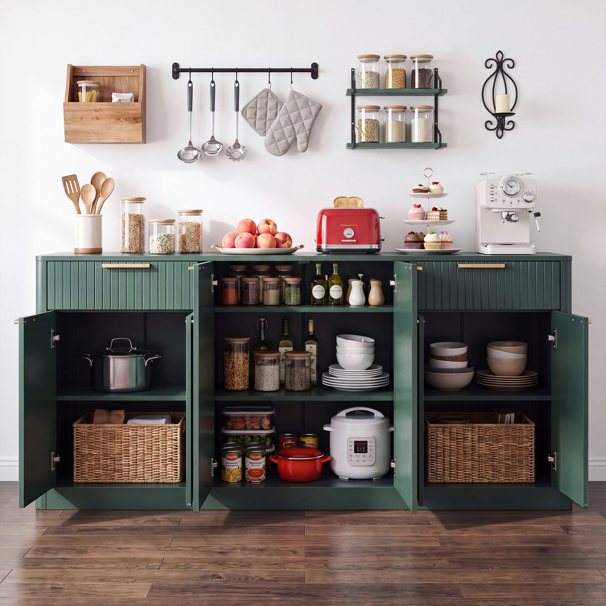 Large Fluted Buffet Sideboard, Wine Bar Storage Cabinet With 6 Doors & 2 Drawers