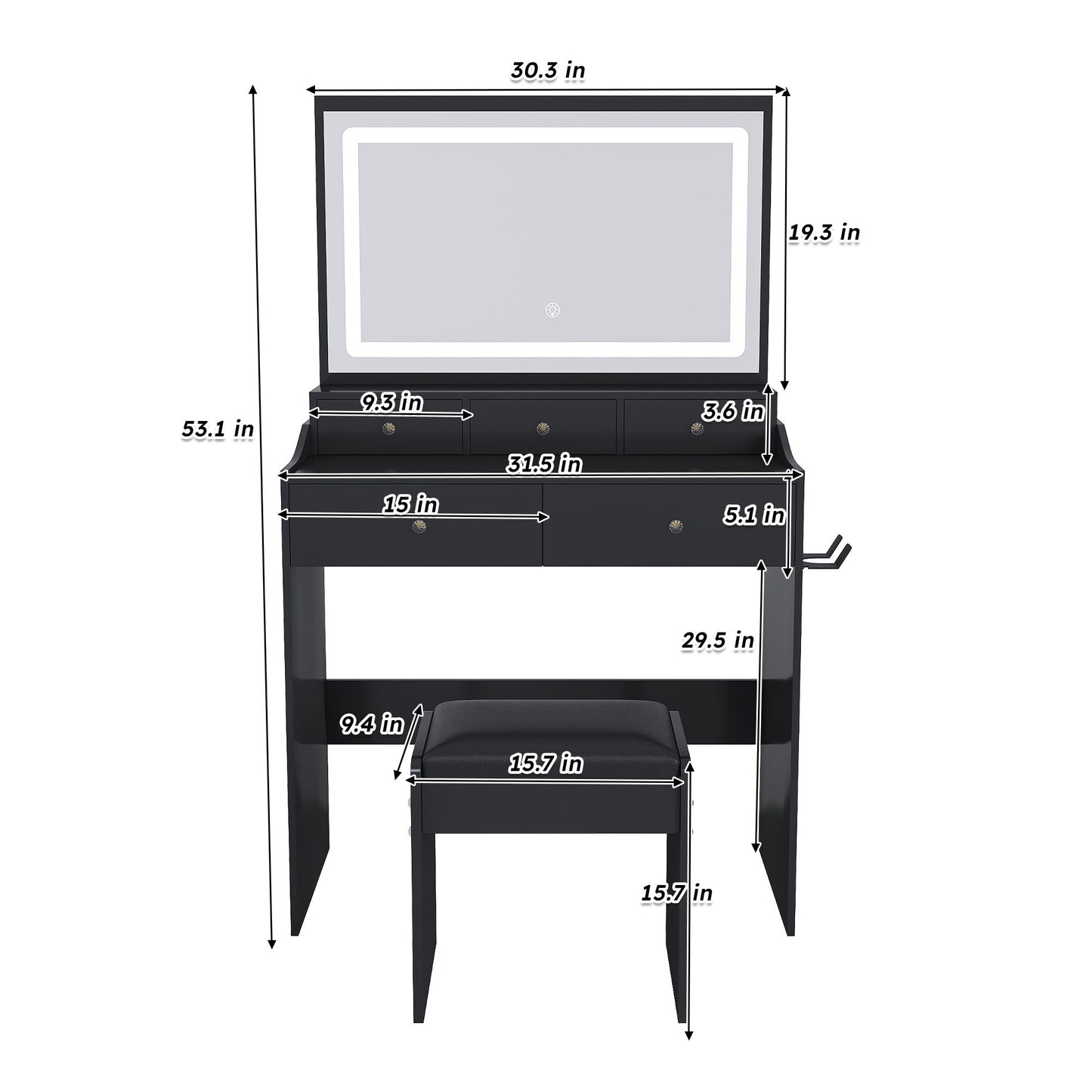 Modern Makeup Vanity Set With Power Outlet, Hair Dryer Holder, And Adjustable Lighting