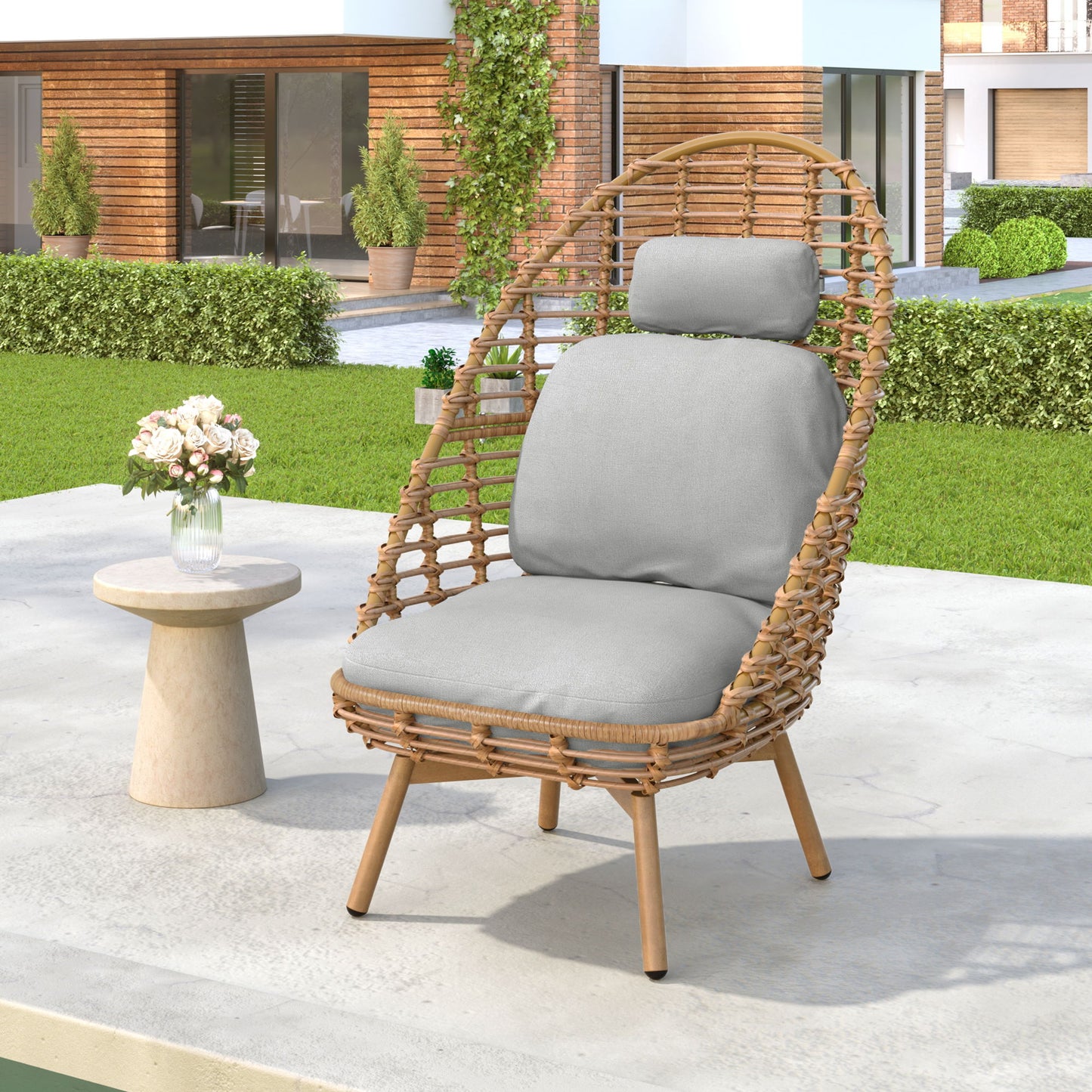 Ellis - Outdoor Wicker High Back Lounge Chair, Teak Finished Leg - Light Brown / Beige