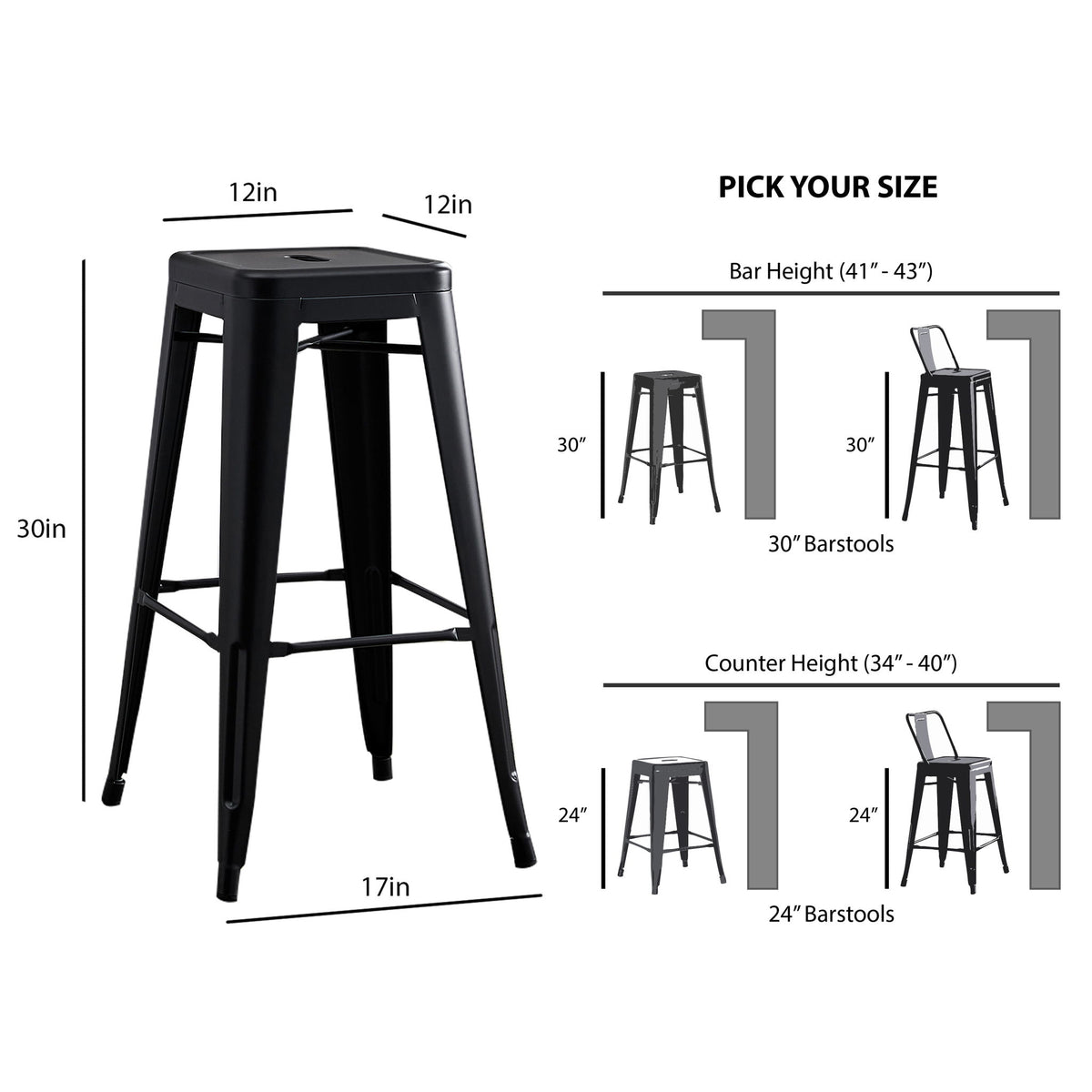 Backless Lightweight Bar Stools (Set of 2) - Black