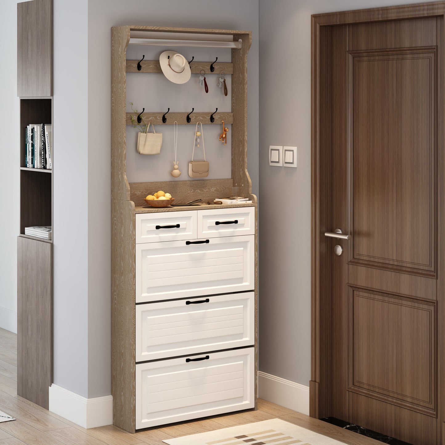 Shoe Cabinet With 3 Doors 2 Drawers With Hanger, Door With Shape, Large Space For Storage