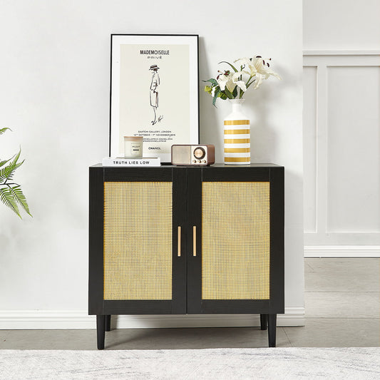 Side Panel Buffet Cabinet With Natural Rattan Door, Rattan Storage Cabinet With Adjustable Shelves, Side Panel And Buffet With Storage Space, Modern Console Cabinet In Bedroom And Living Room - Black / Beige