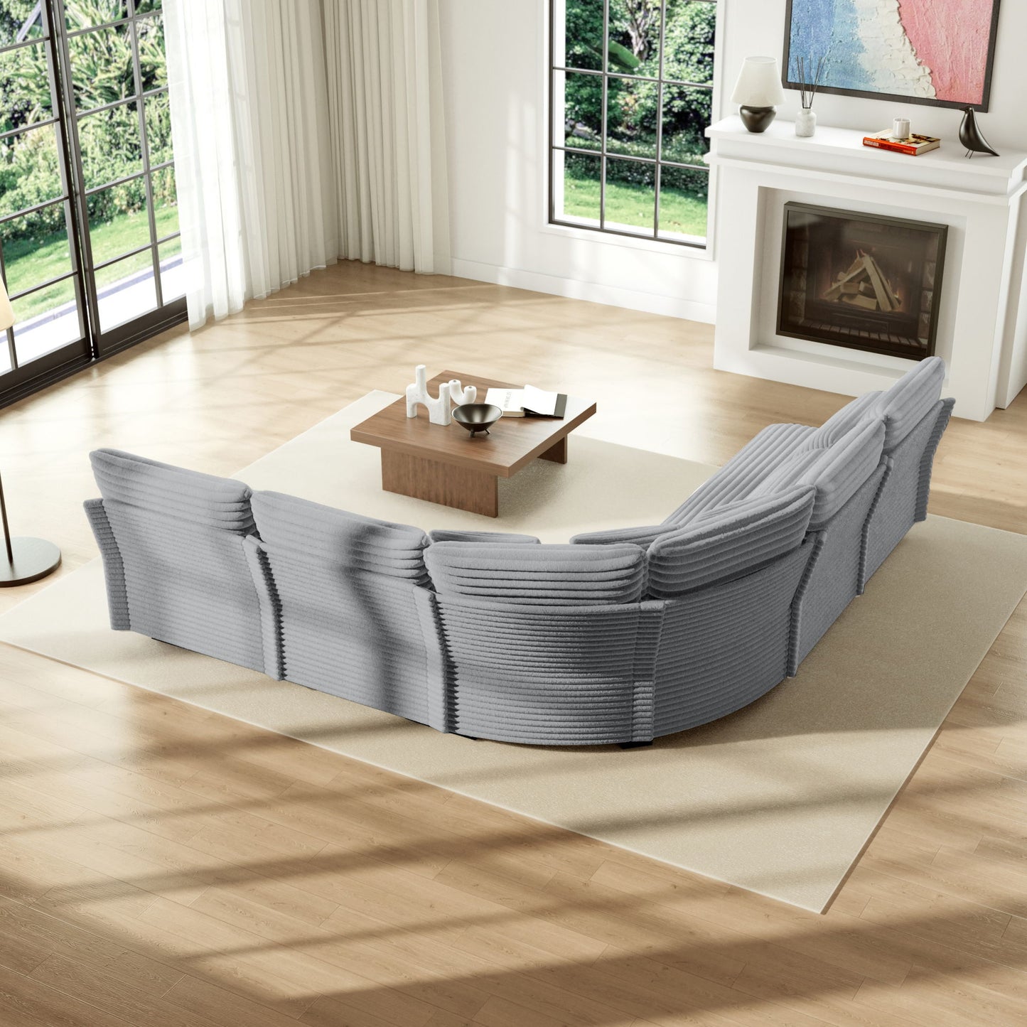 5 Seater L Shaped Sectional Sofa With Curved Corner, 7 Pillows