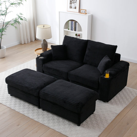 Modular Loveseat with Ottomans - Soft Corduroy Sectional Sofa for Small Spaces