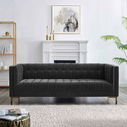 Isaac - Channel Stitch Velvet Sofa - Gray