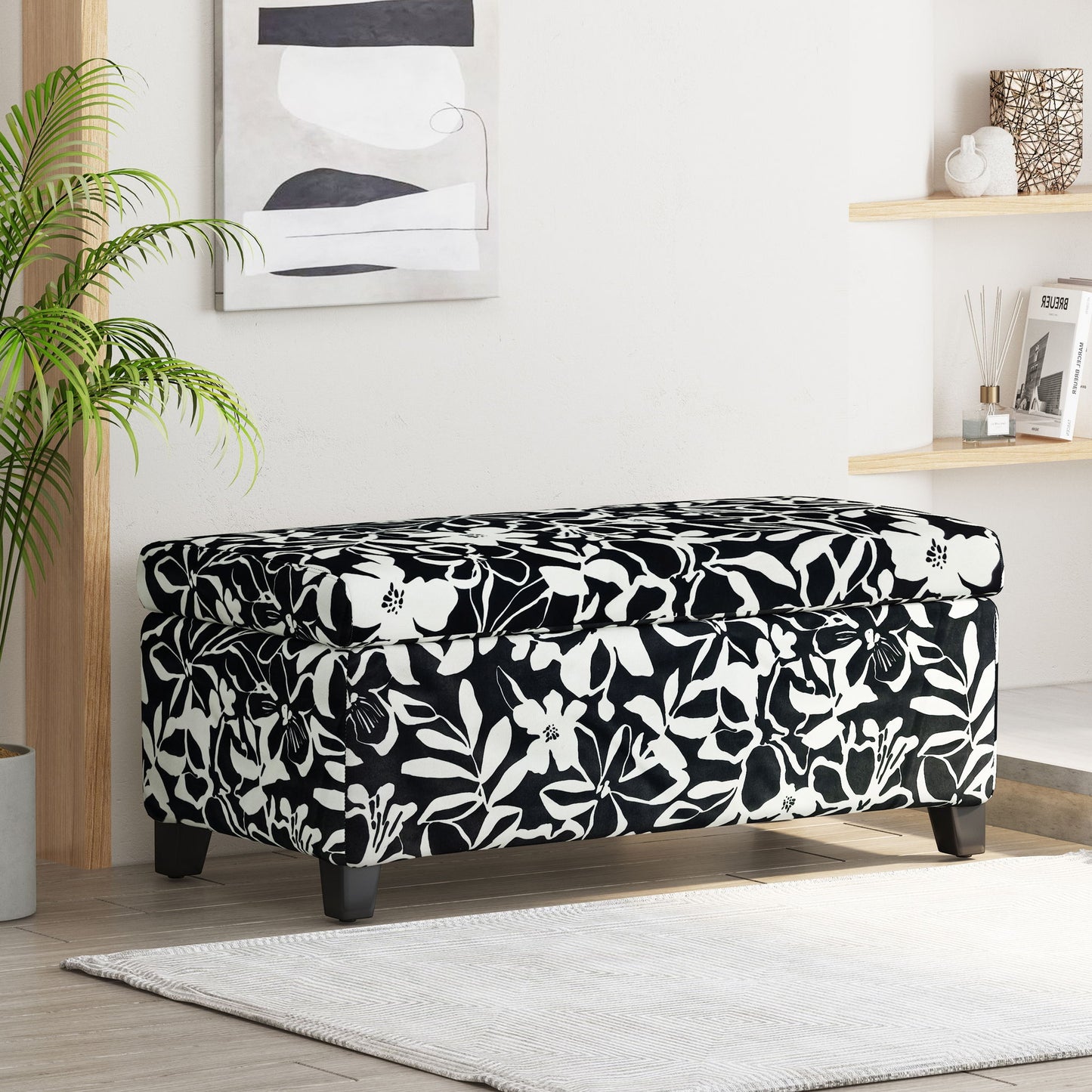 Luxury Storage Ottoman With Floral Patterned Fabric, Soft-Close Hinges, Multi Functional