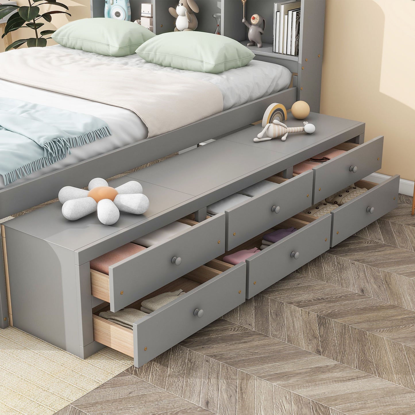 Bed With Bookcase Headboard, Under Bed Storage Drawers And Bed End Storage Case