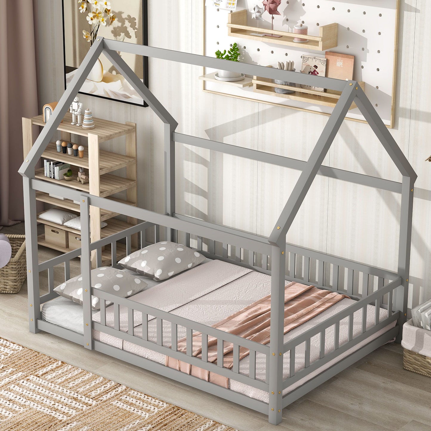 Floor Wooden Bed With House Roof Frame, Fence Guardrails