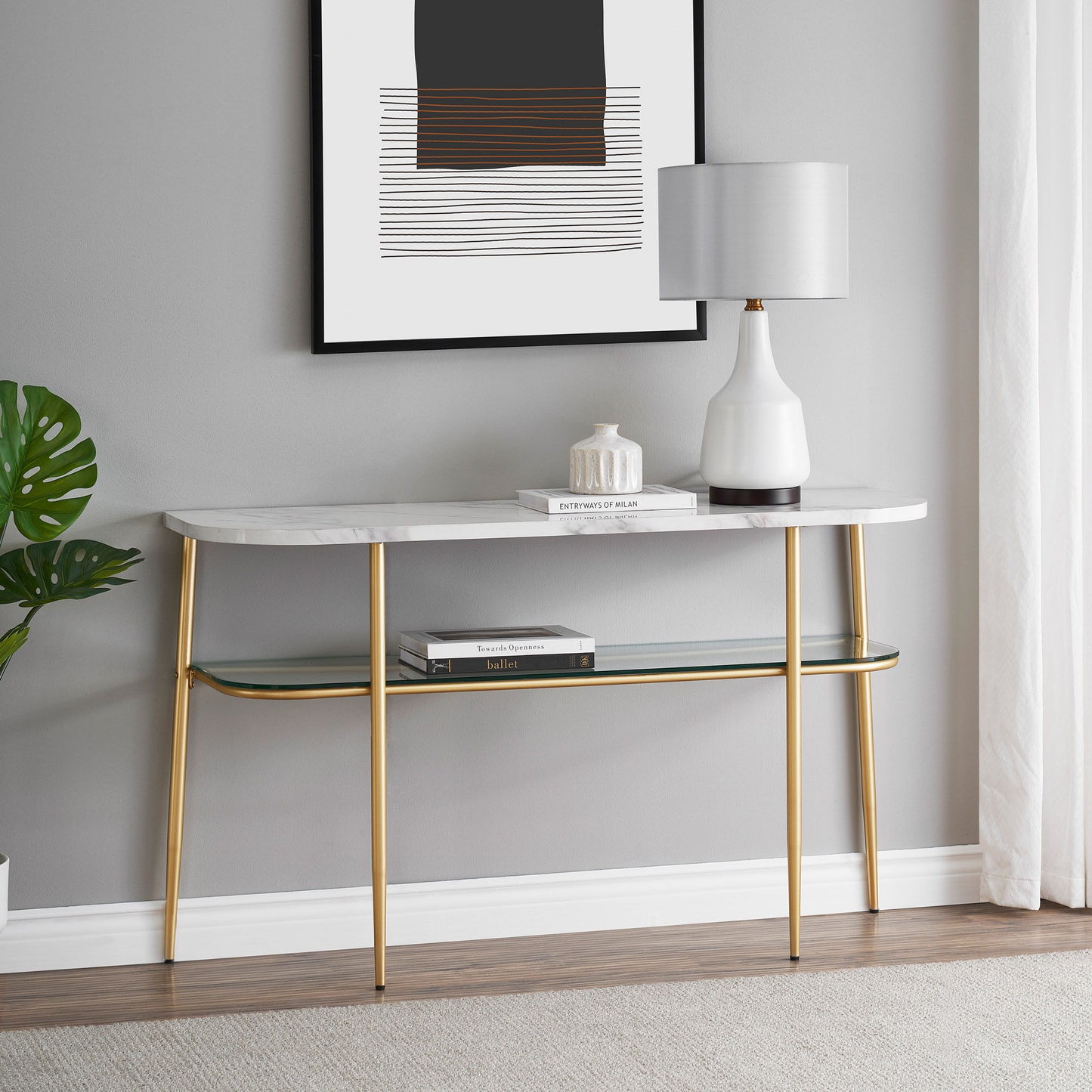 Modern Minimal Curved Faux Marble Entry Table - Gray / Gold