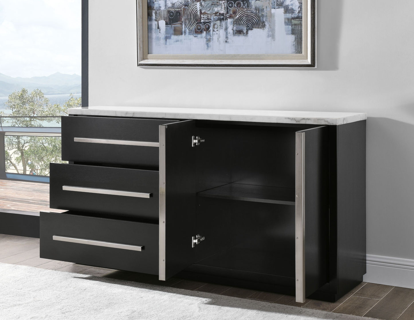 Camila - White Marble Top Server - Black