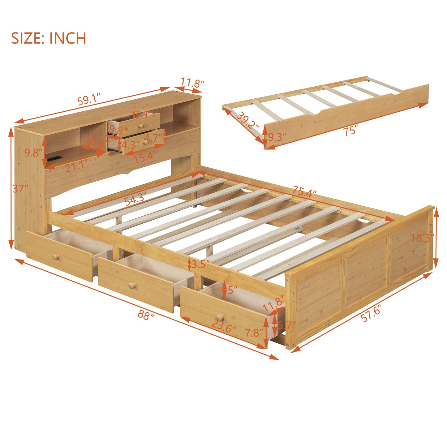 Full Size Wood Pltaform Bed with Twin Size Trundle, 3 Drawers, Upper Shelves and a set of USB Ports & Sockets, Natural