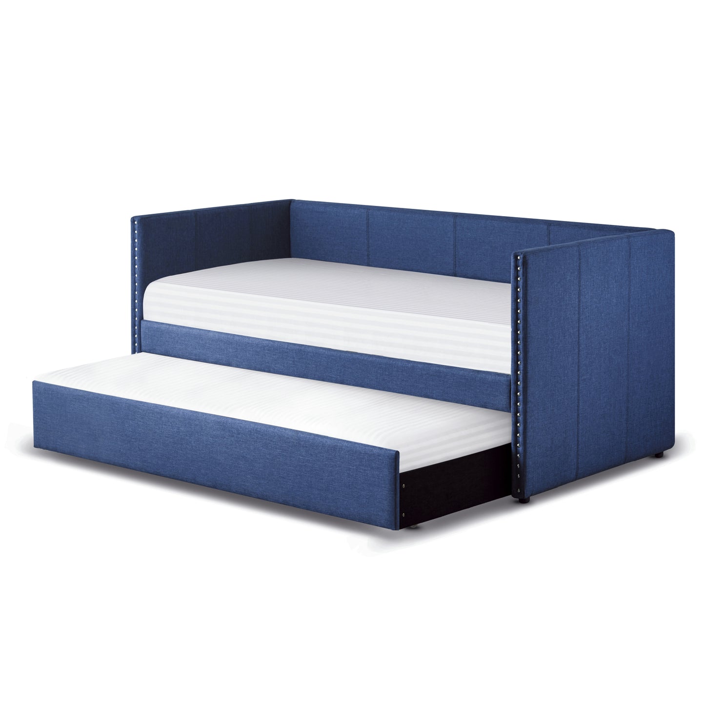 Blue Fabric Upholstered 1pc Day Bed with Pull-out Trundle Nailhead Trim Wood Frame Furniture