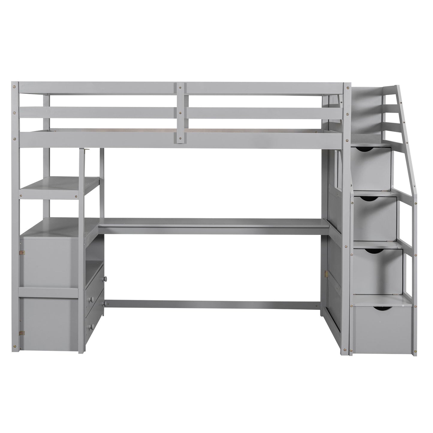 Loft Bed With Desk, Shelves, 2 Drawers, Storage Staircase